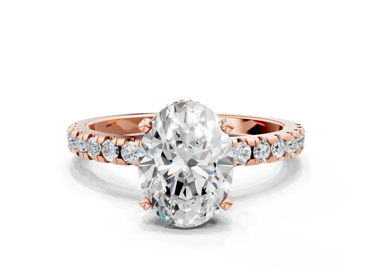 Oval Cut Diamond Solitaire Ring with Round Moissanite Pavé Band and Four-Prong Setting Rose gold