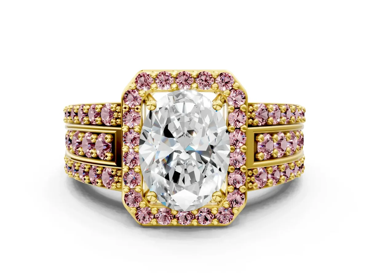 Oval Cut Halo Diamond Ring with Round Morganite Split Shank and Prong Setting Yellow gold