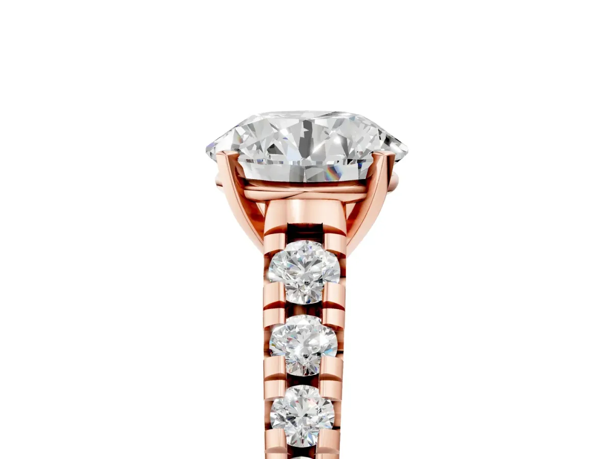 Round Cut Diamond Cathedral Solitaire Ring with Round Moissanite Pavé Band Rose gold