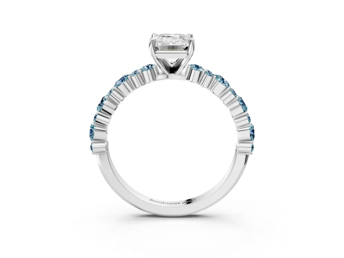 Emerald Cut Diamond Side Stone Solitaire Ring with Round Aquamarine and Four-Prong Setting Platinum