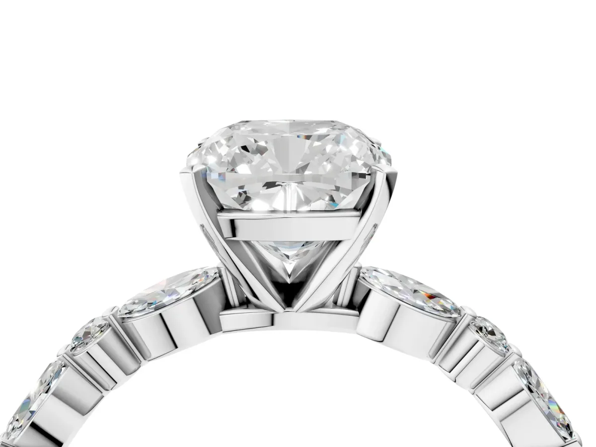 Cushion Cut Diamond Ring with Marquise and Round Side Stones and Four-Prong Setting Silver