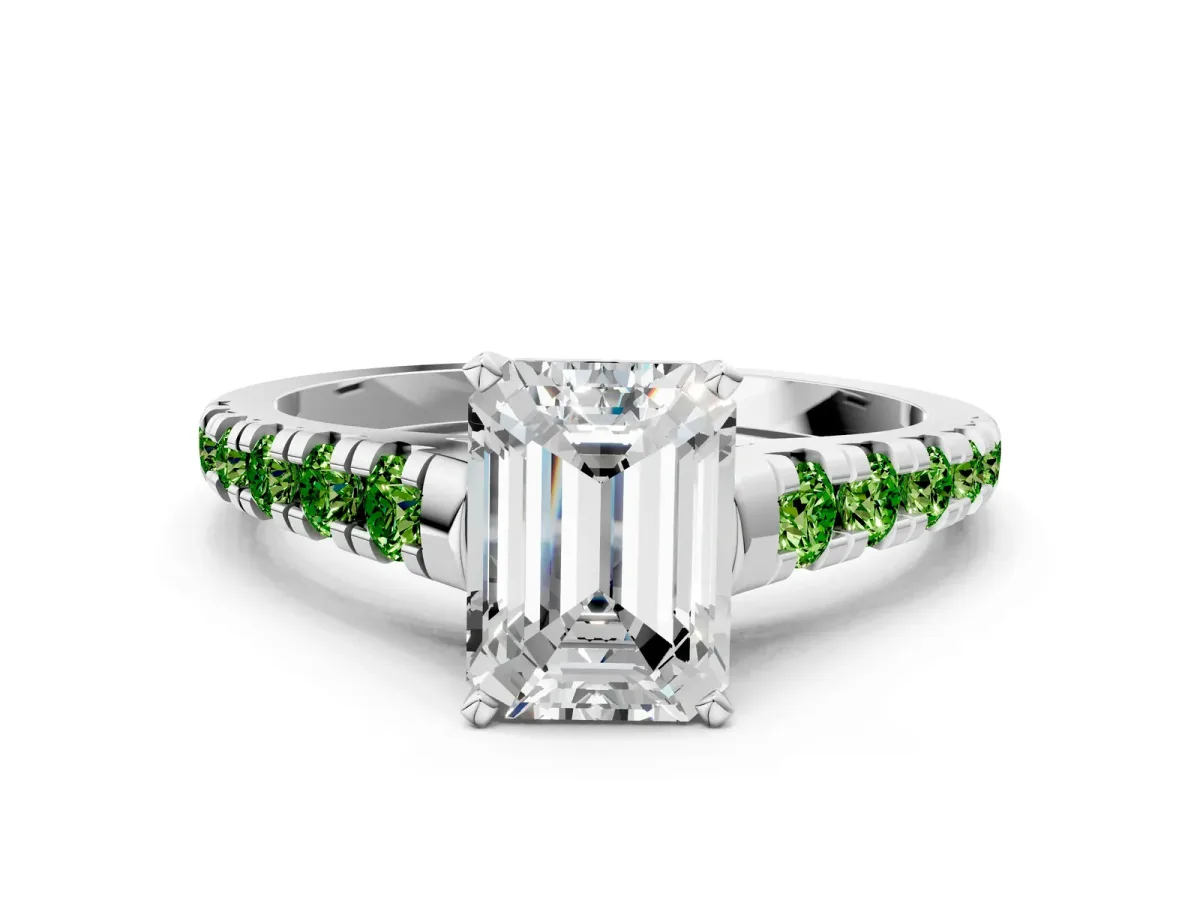 Emerald Cut Diamond Cathedral Solitaire Ring with Round Peridot Pavé Band Silver