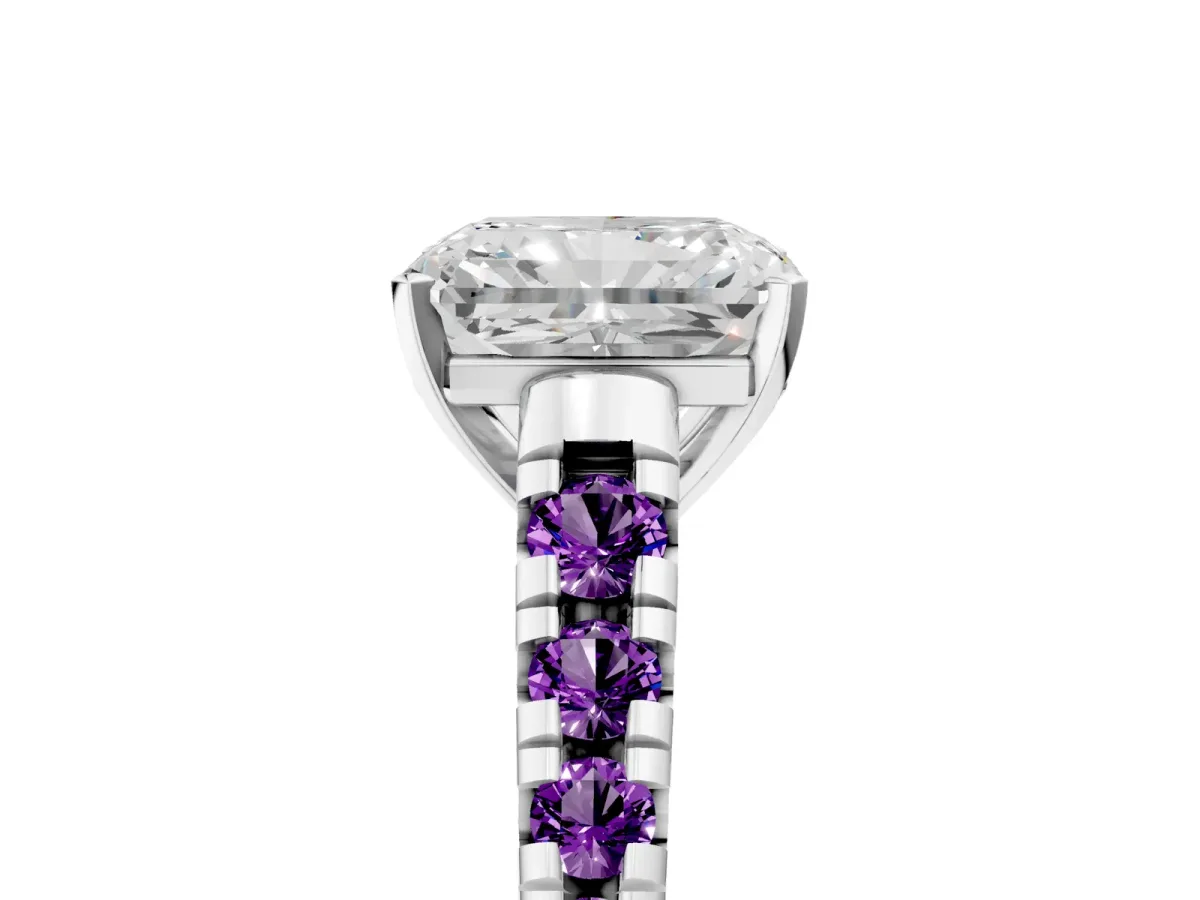 Radiant Cut Diamond Cathedral Solitaire Ring with Round Amethyst Pavé Band White gold