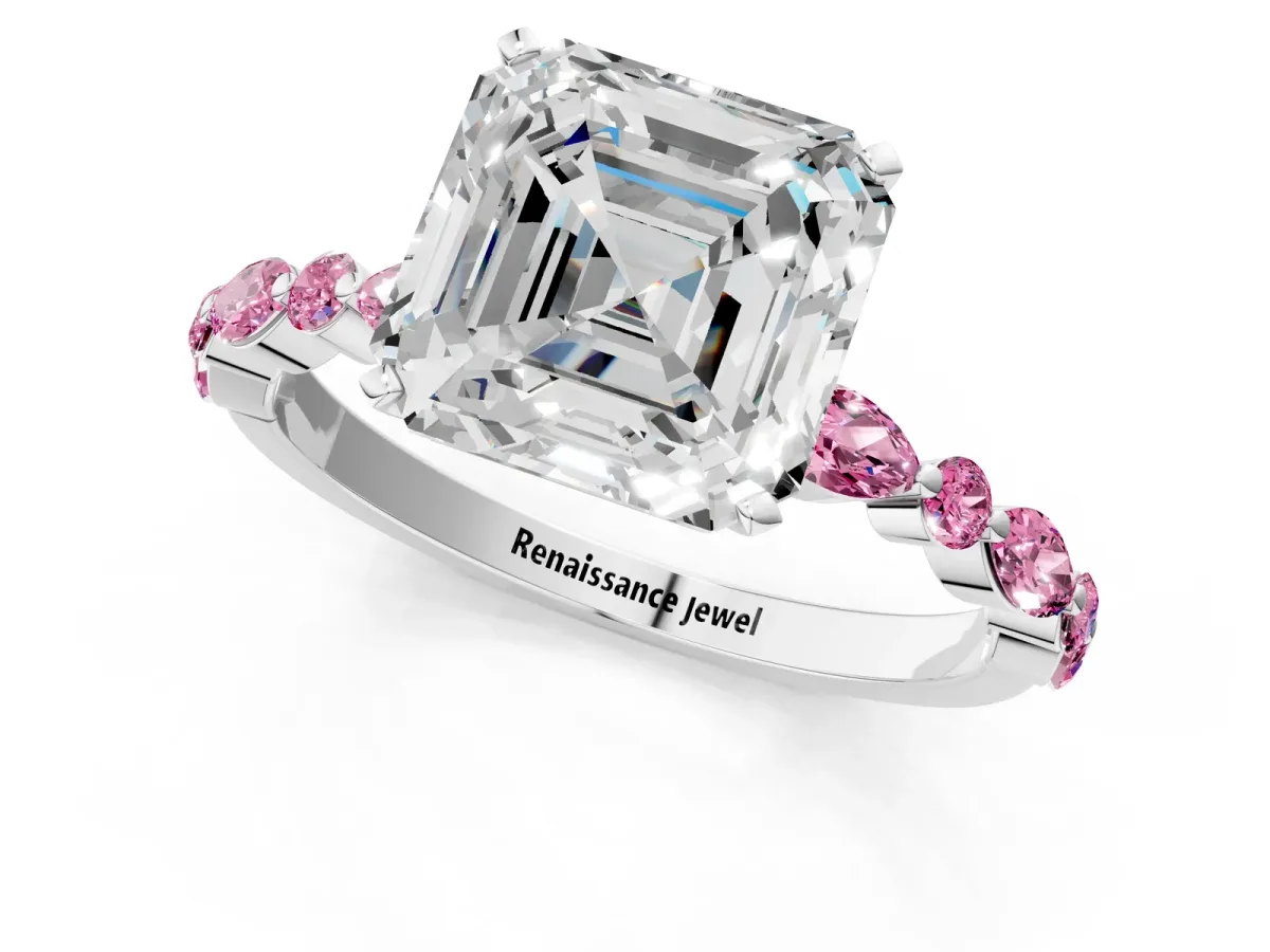 Asscher Cut Diamond Ring with Marquise and Round Pink Sapphire Side Stones and Four-Prong Setting Silver
