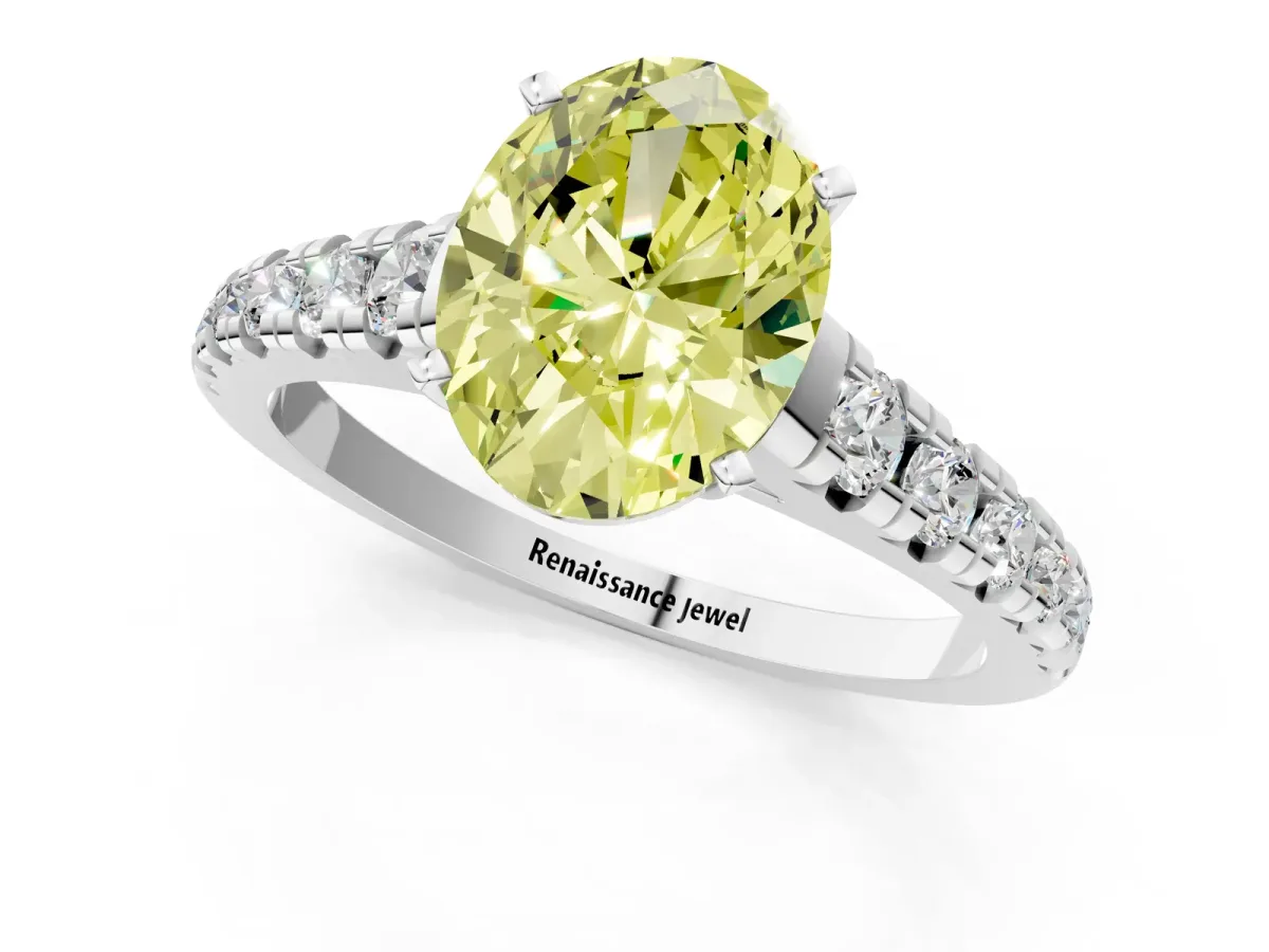 Fancy Yellow Oval Cut Diamond Cathedral Solitaire Ring with Round Pavé Band Silver