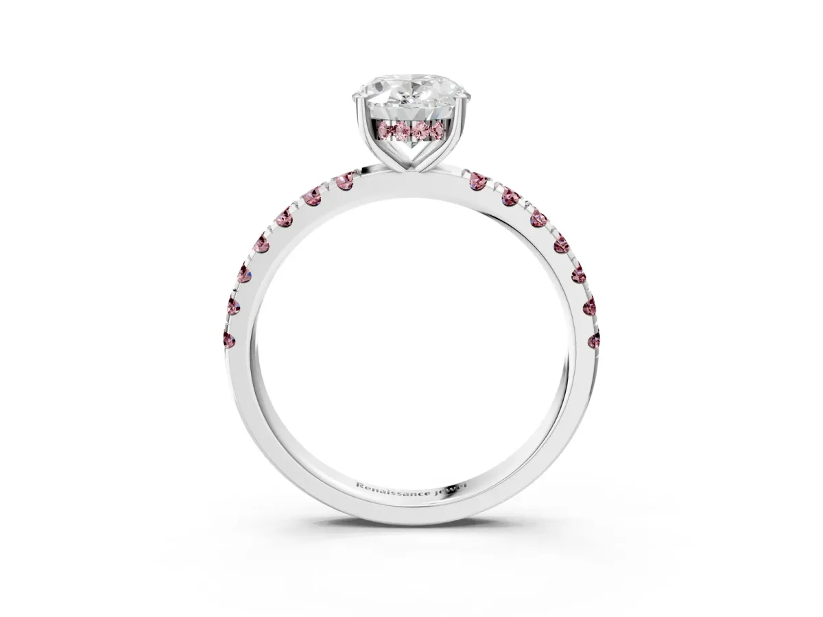 Oval Cut Diamond Pave Band Solitaire Ring with Round Morganite and Prong Setting White gold