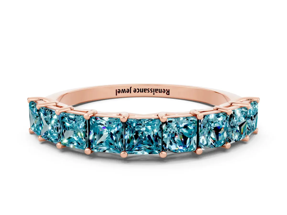 Princess Cut Blue Topaz Channel-Set Eternity Band with Prong Setting Rose gold