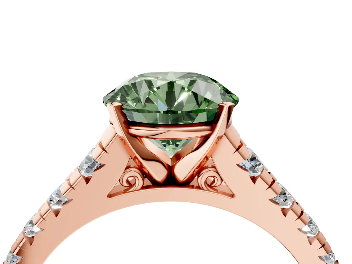 Fancy Green Round Cut Diamond Cathedral Solitaire Ring with Round Pavé Band Rose gold