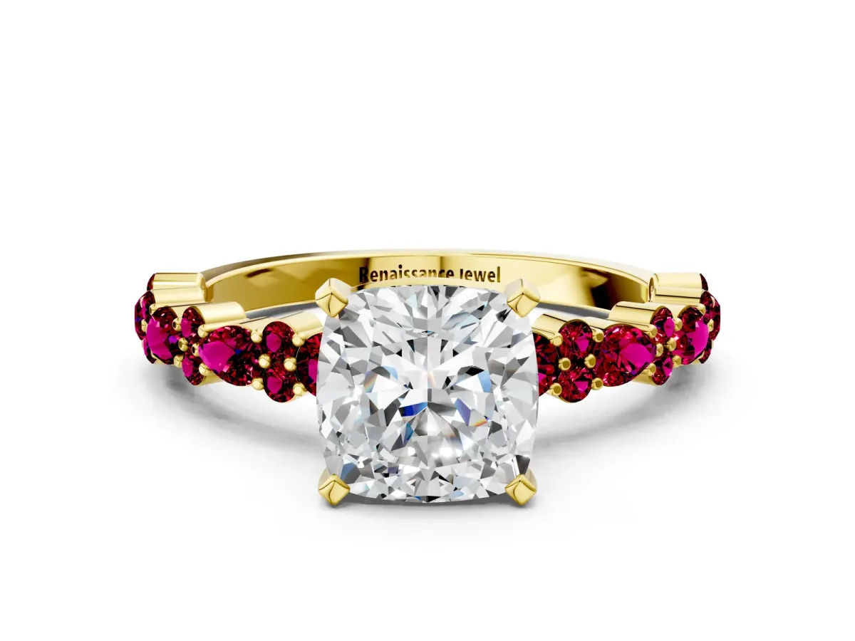Cushion Cut Diamond Side Stone Solitaire Ring with Round Garnet and Four-Prong Setting Yellow gold