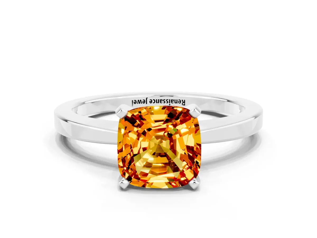 Cushion Cut Citrine Solitaire Engagement Ring with Classic Band and Four-Prong Setting Platinum
