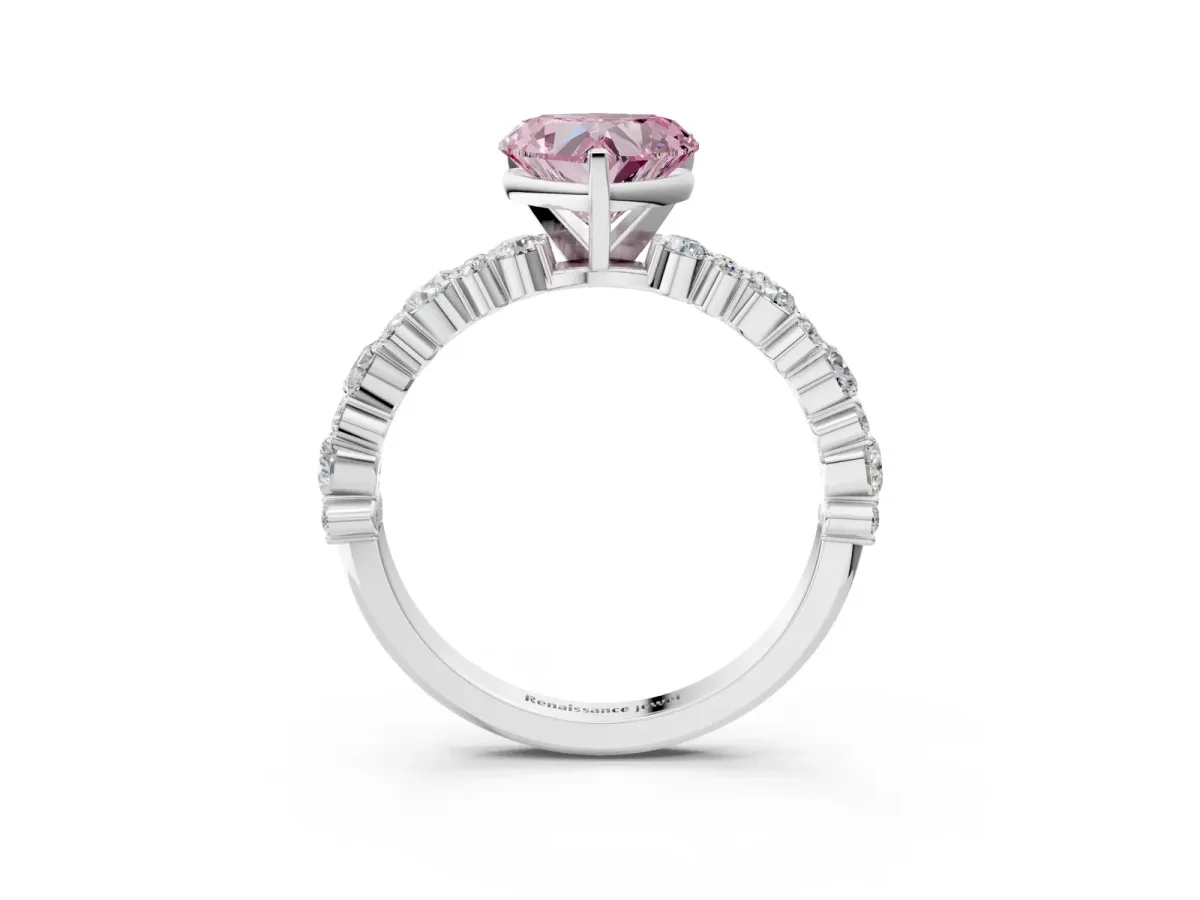 Fancy Pink Heart Cut Diamond Side Stone Solitaire Ring with Round and Four-Prong Setting White gold
