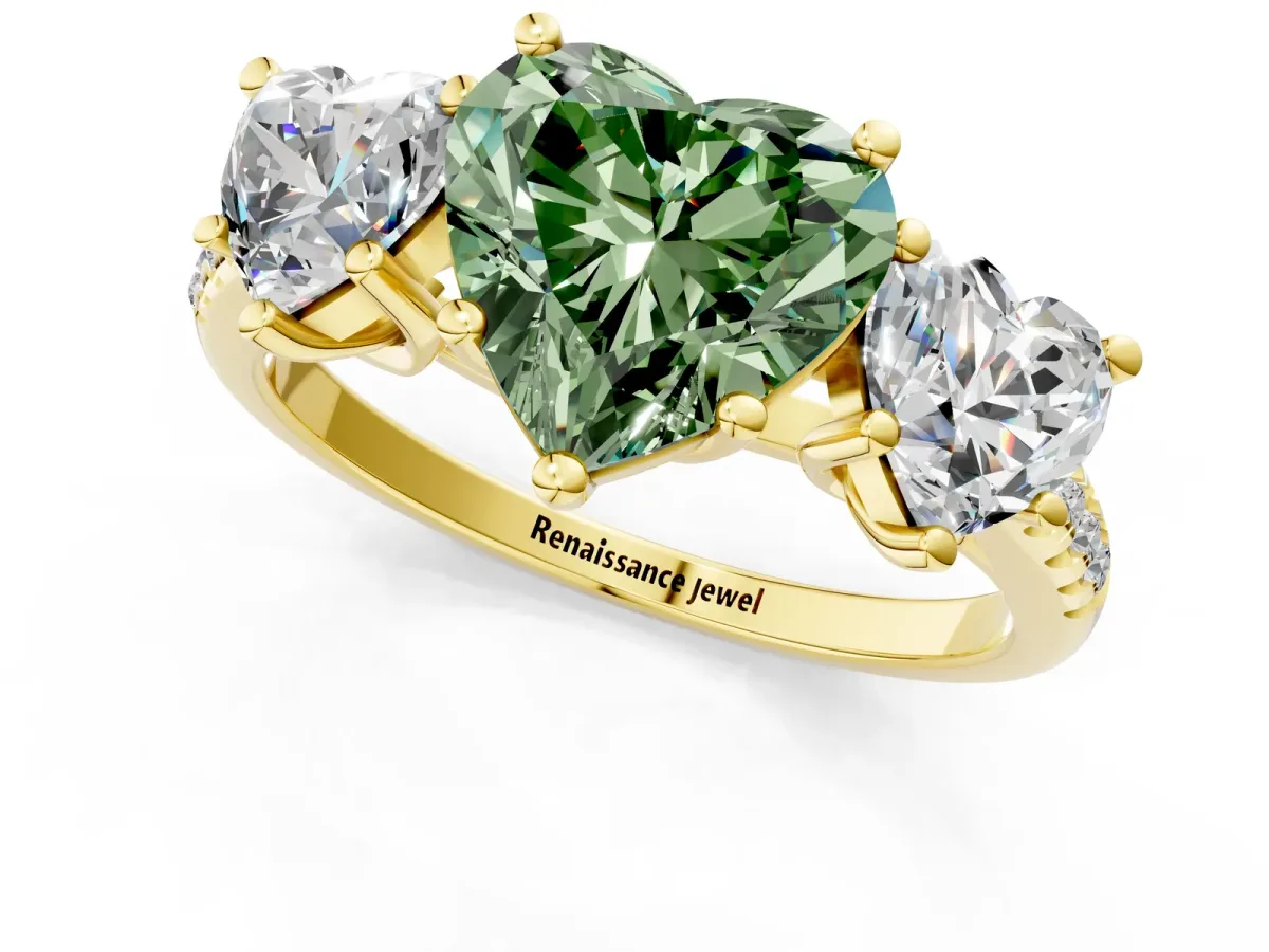 Fancy Green Three-Stone Heart Cut Diamond Ring with Round Pavé Band and Prong Setting Yellow gold