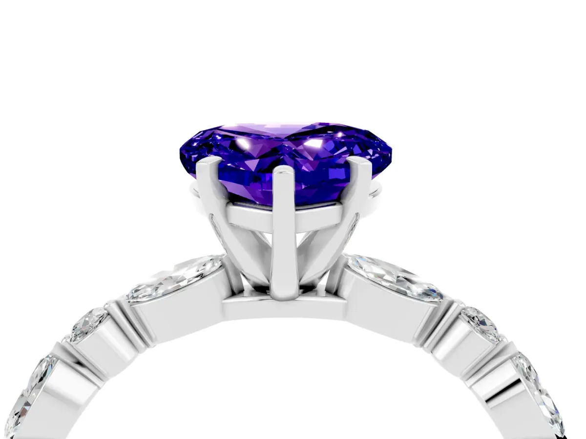 Heart Cut Tanzanite Ring with Marquise and Round Side Stones and Four-Prong Setting Silver
