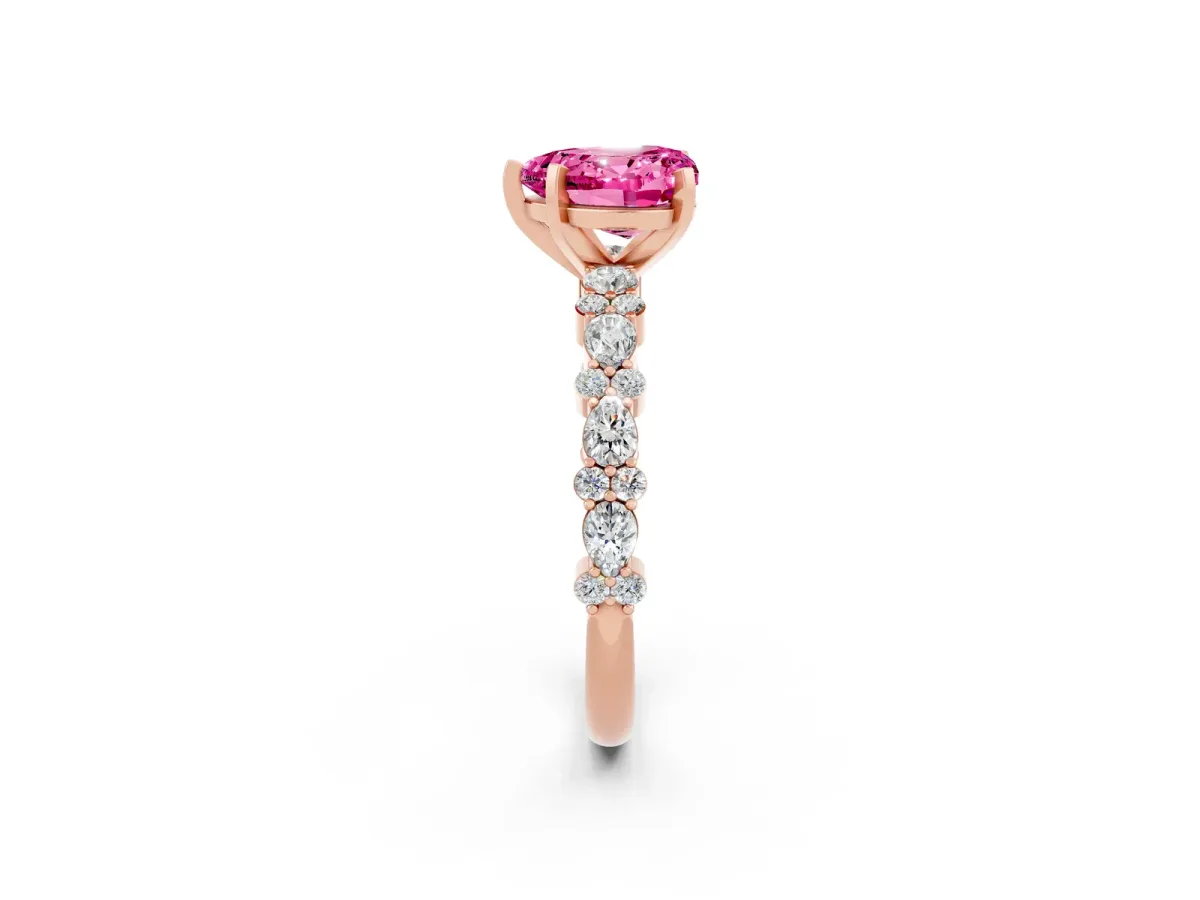 Heart Cut Pink Sapphire Side Stone Solitaire Ring with Round and Four-Prong Setting Rose gold