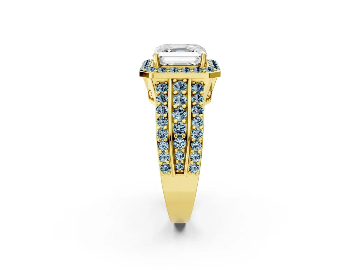 Asscher Cut Halo Diamond Ring with Round Aquamarine Split Shank and Prong Setting Yellow gold