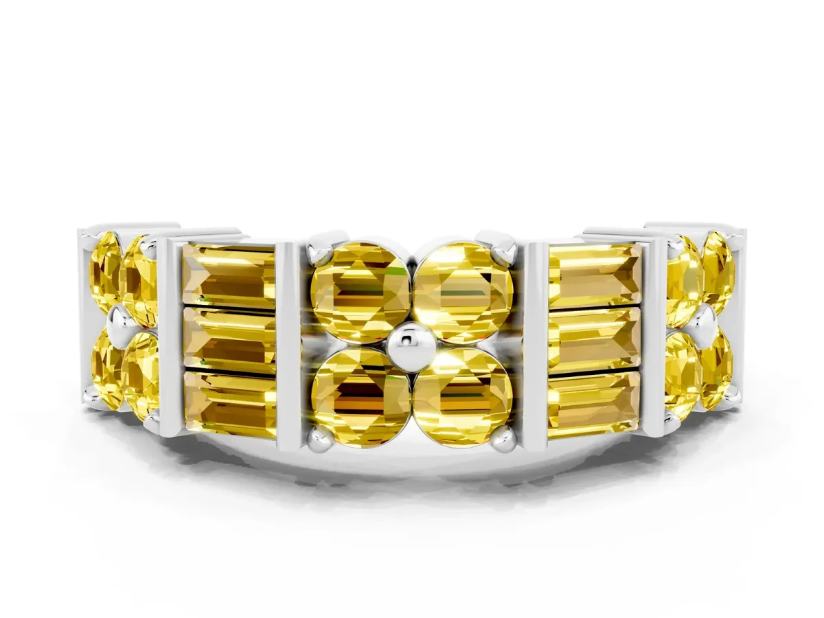 Channel Set Round and Baguette Yellow Sapphire Anniversary Band with Prong Setting Silver