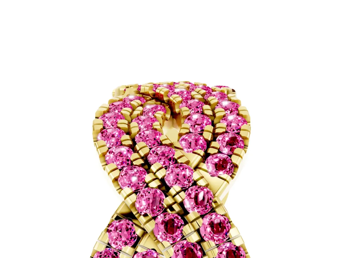 Pavé Round Pink Sapphire Infinity Twist Band with Shared Prong Setting Yellow gold