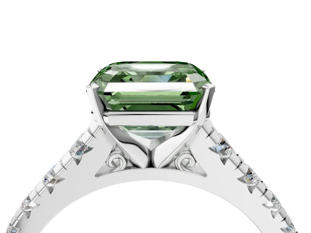 Fancy Green Asscher Cut Diamond Cathedral Solitaire Ring with Round Pavé Band Platinum