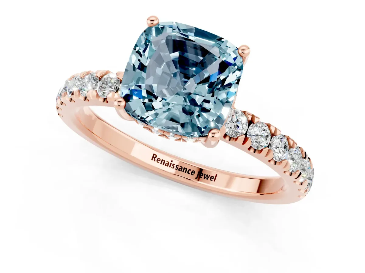 Cushion Cut Aquamarine Pave Band Solitaire Ring with Round and Prong Setting Rose gold