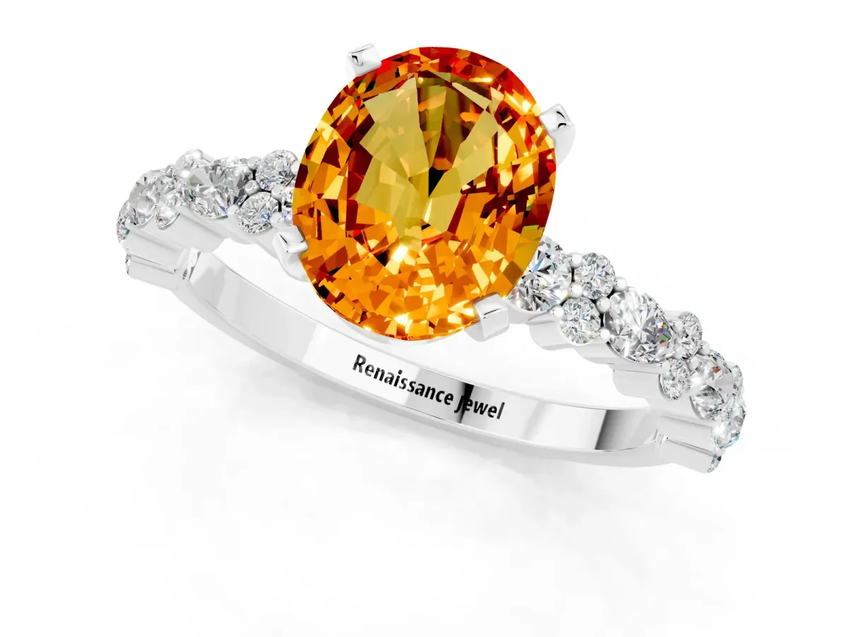 Oval Cut Citrine Side Stone Solitaire Ring with Round and Four-Prong Setting White gold