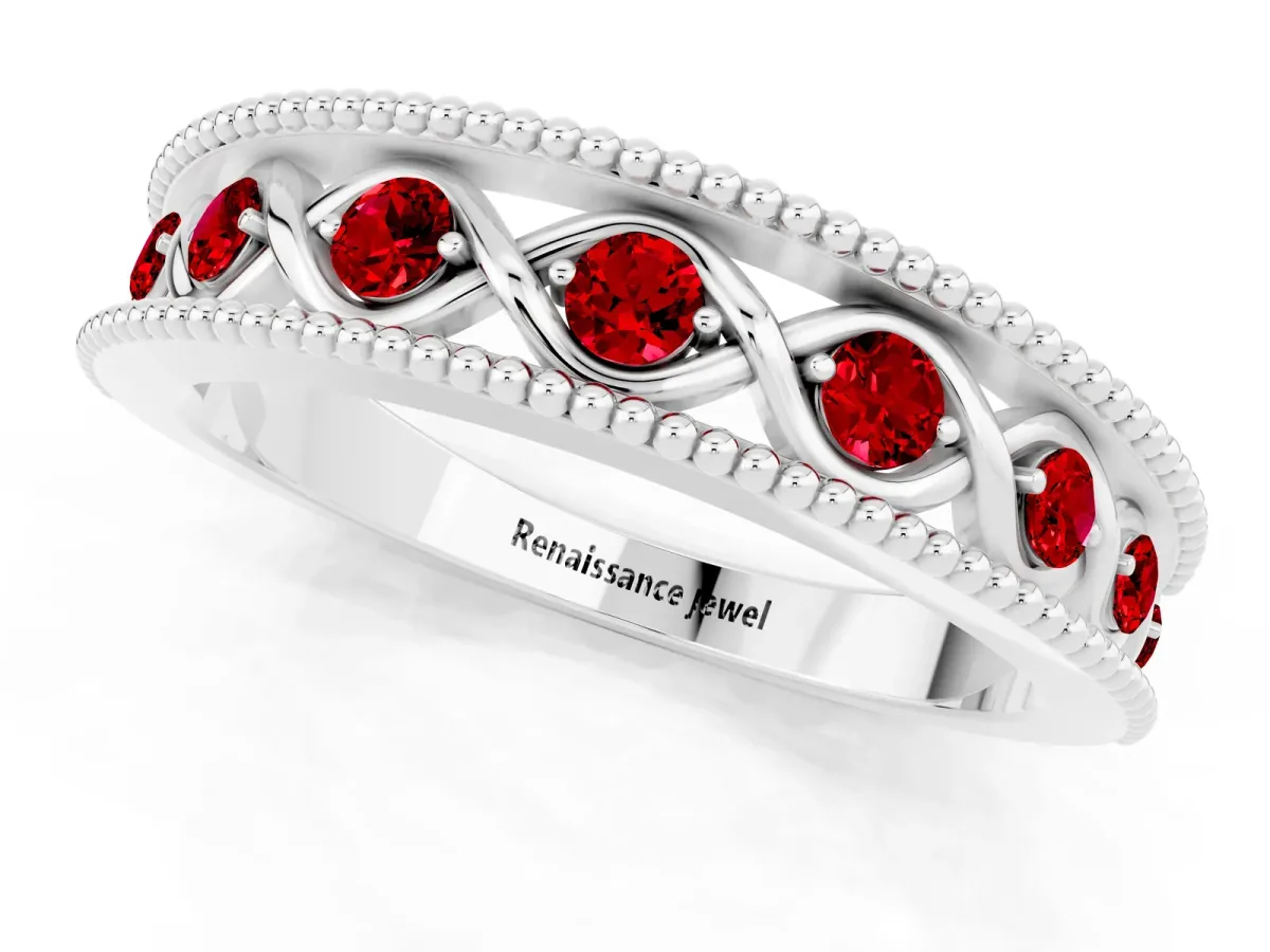 Round Ruby Twist Milgrain Band with Bezel Setting Platinum