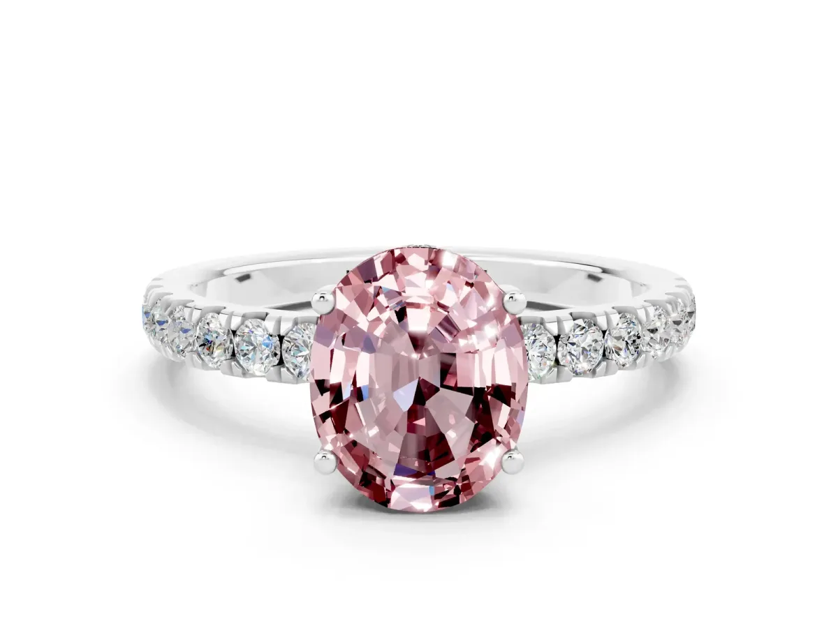 Oval Cut Morganite Pave Band Solitaire Ring with Round and Prong Setting Platinum