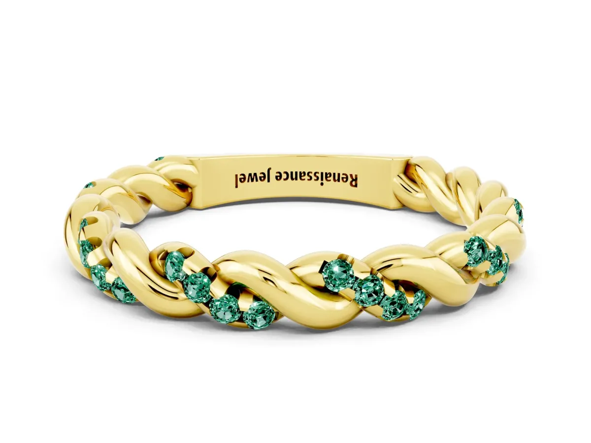 Twisted Pavé Round Green Sapphire Eternity Band Yellow gold