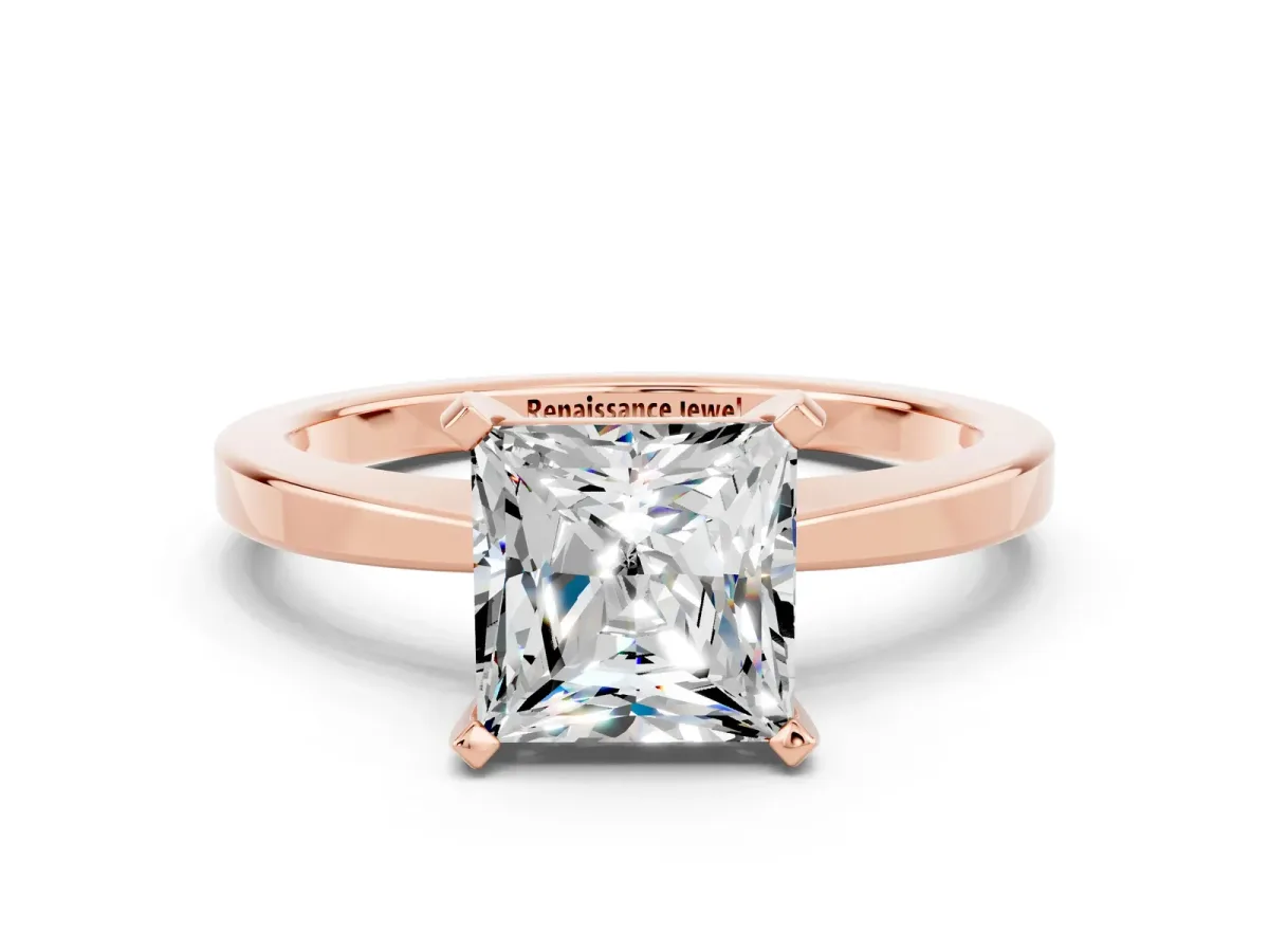 Princess Cut Moissanite Solitaire Engagement Ring with Classic Band and Four-Prong Setting Rose gold