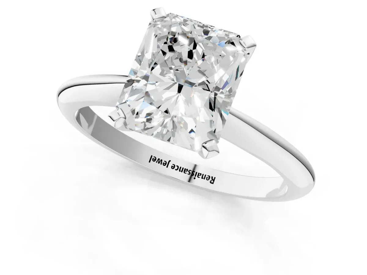 Radiant Cut Diamond Solitaire Engagement Ring with Classic Band and Four-Prong Setting Platinum