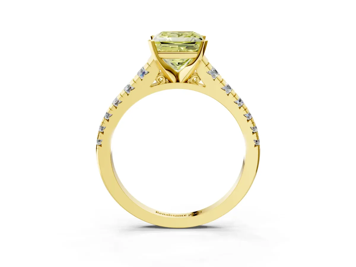 Fancy Yellow Princess Cut Diamond Cathedral Solitaire Ring with Round Pavé Band Yellow gold