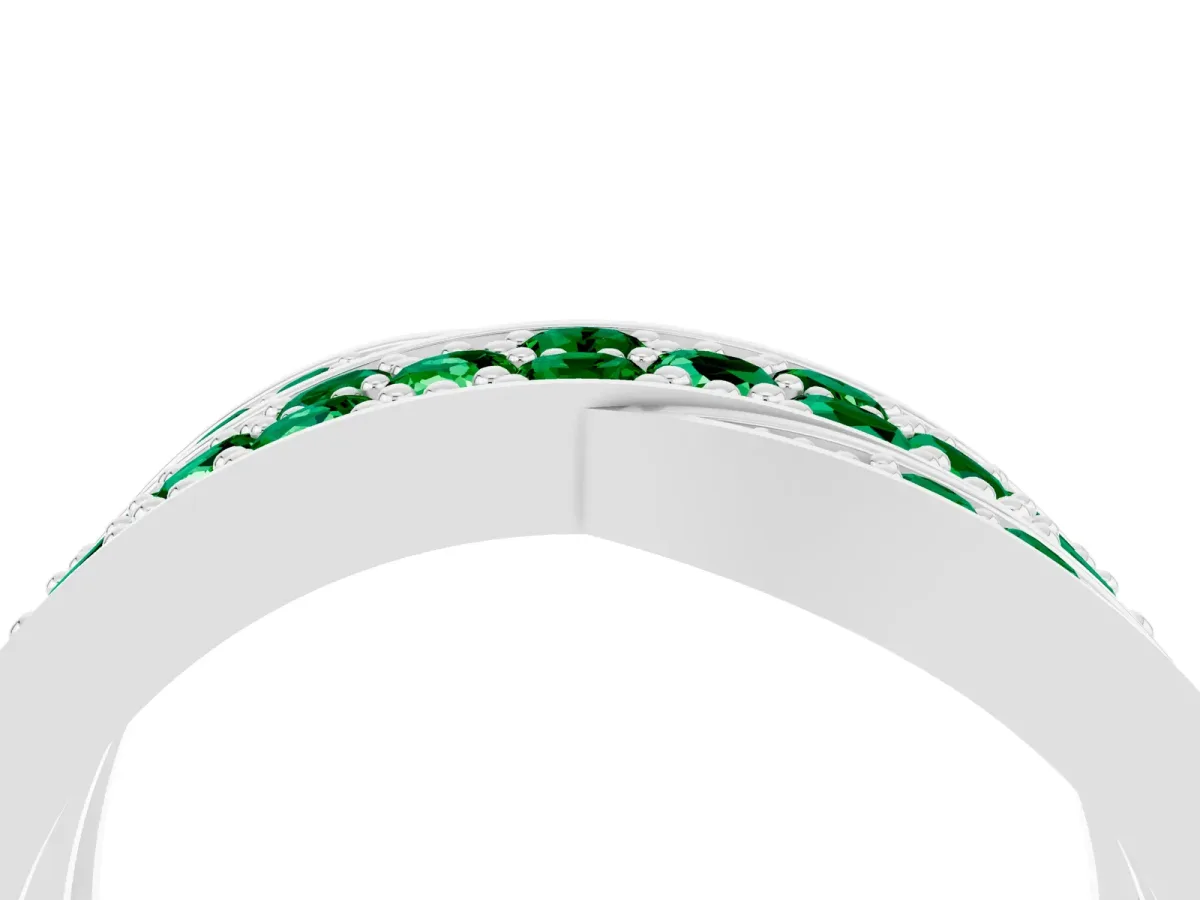 Pavé Round Emerald Crossover Band with Bead Prong Setting Platinum