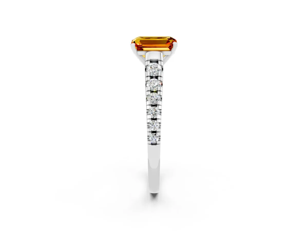 Emerald Cut Citrine Cathedral Solitaire Ring with Round Pavé Band White gold