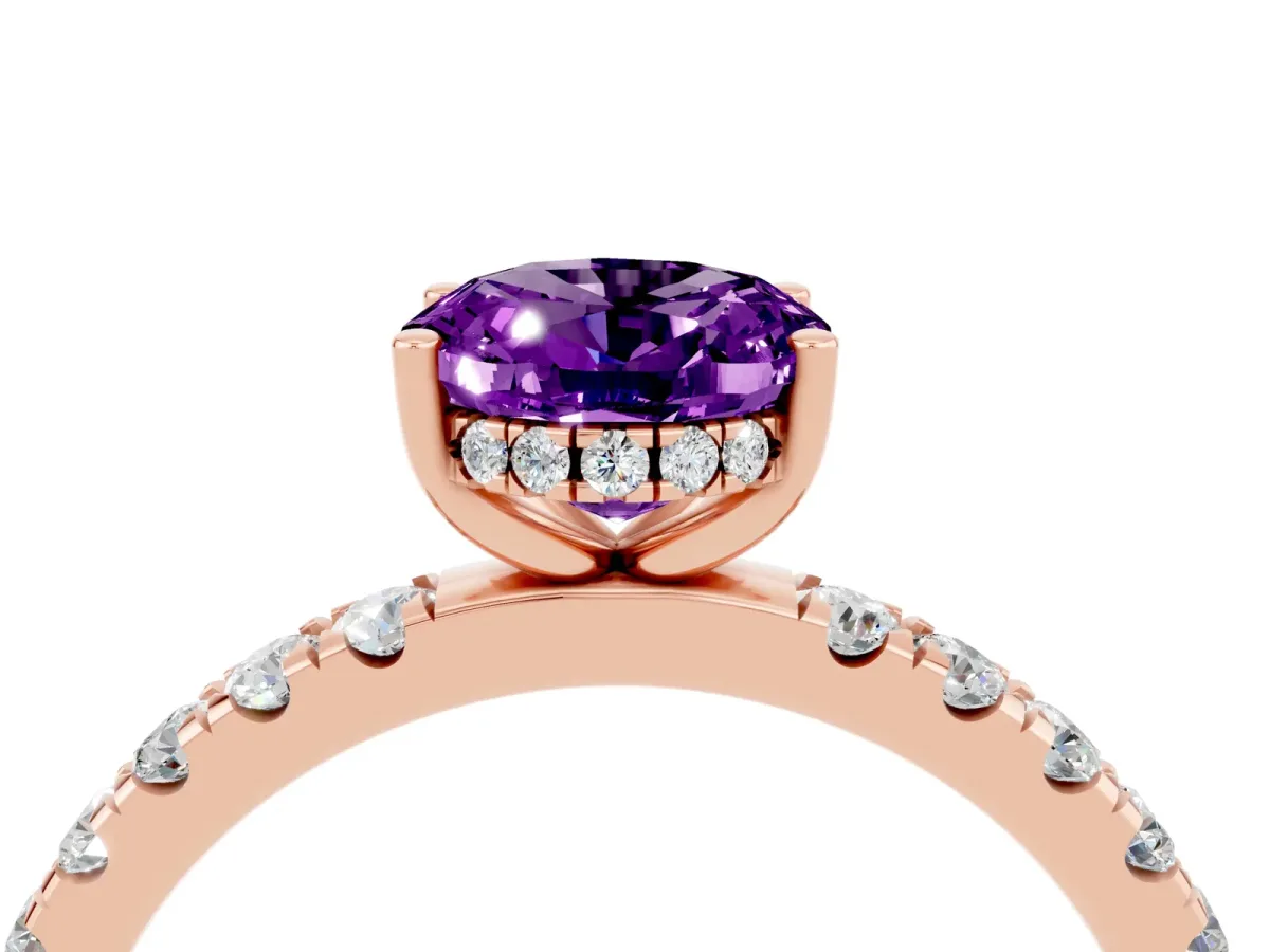 Oval Cut Amethyst Pave Band Solitaire Ring with Round and Prong Setting Rose gold