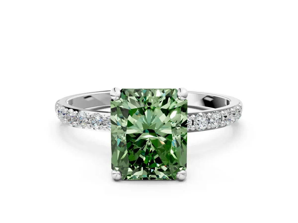 Fancy Green Radiant Cut Diamond Solitaire Ring with Round Pavé Band and Prong Setting Silver