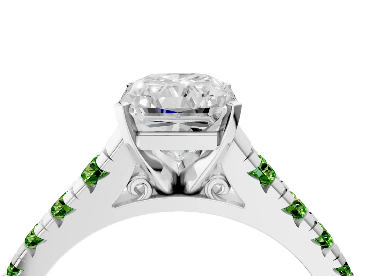Radiant Cut Diamond Cathedral Solitaire Ring with Round Peridot Pavé Band Platinum