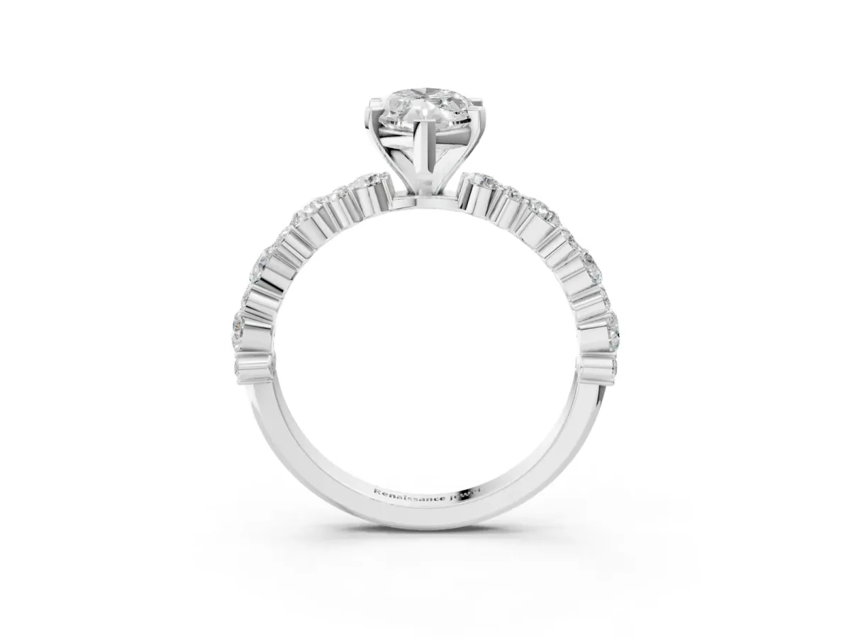 Marquise Cut Diamond Side Stone Solitaire Ring with Round Moissanite and Four-Prong Setting Platinum