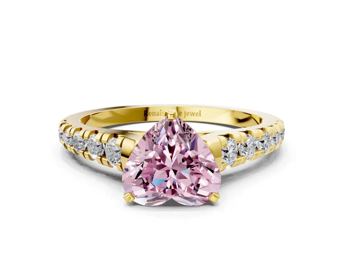 Fancy Pink Heart Cut Diamond Cathedral Solitaire Ring with Round Pavé Band Yellow gold