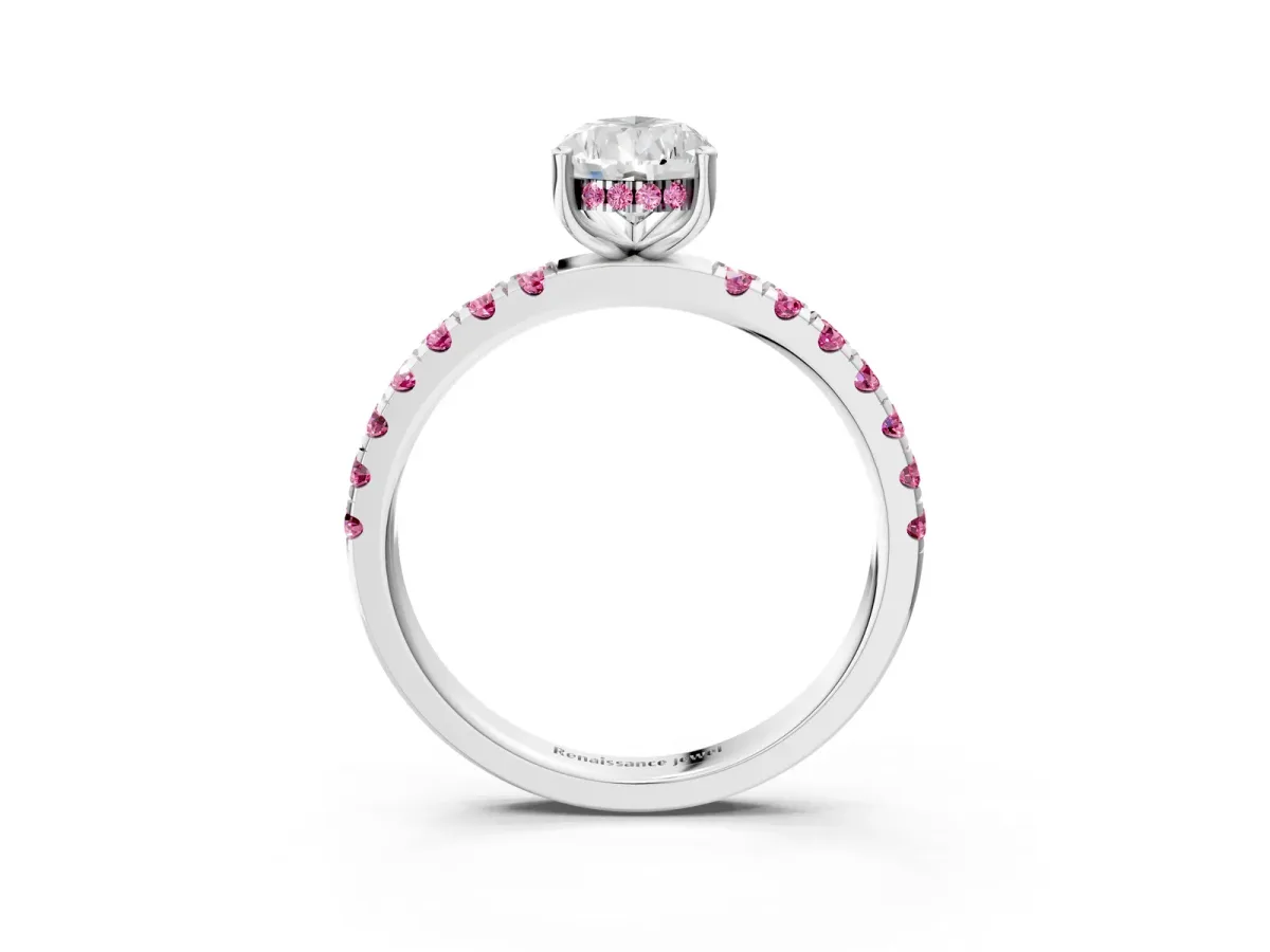 Pear Cut Diamond Pave Band Solitaire Ring with Round Pink Sapphire and Prong Setting White gold