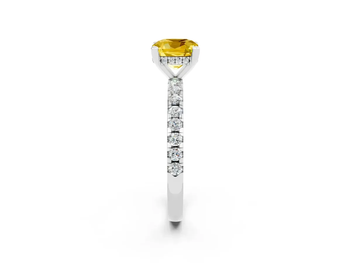 Cushion Cut Yellow Sapphire Solitaire Ring with Round Pavé Band and Four-Prong Setting Silver