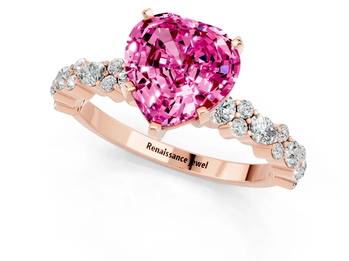 Heart Cut Pink Sapphire Side Stone Solitaire Ring with Round and Four-Prong Setting Rose gold