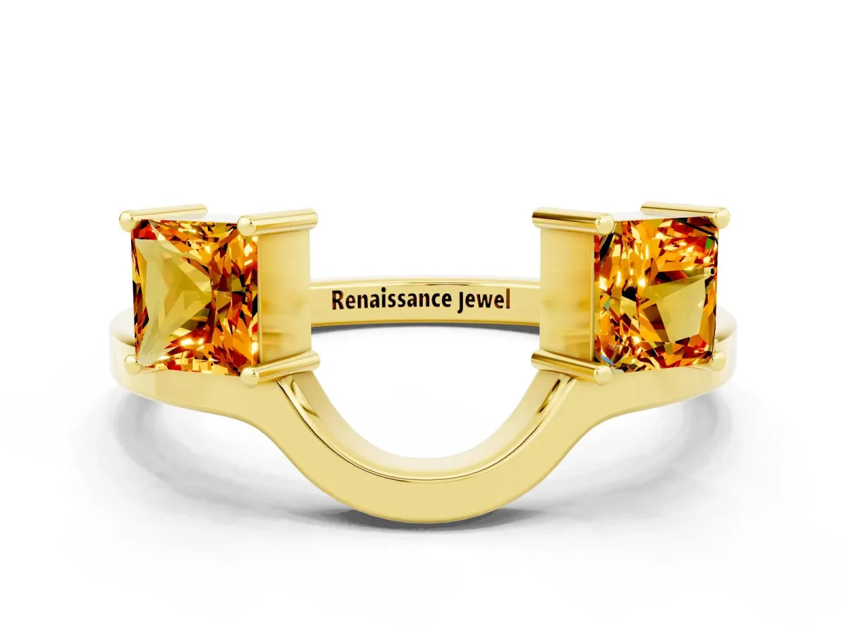 Princess Cut Citrine Two-Stone Open Band Ring with Four-Prong Setting Yellow gold