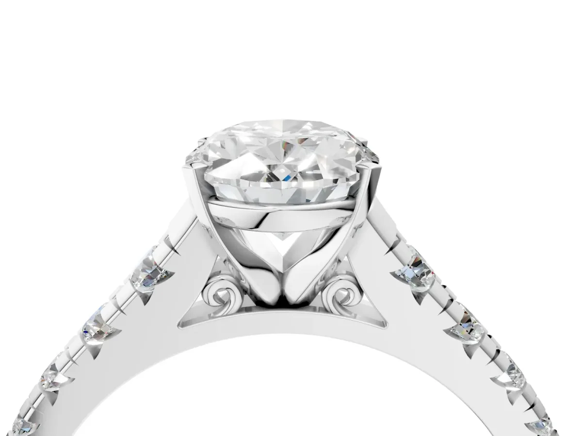 Oval Cut Diamond Cathedral Solitaire Ring with Round Pavé Band White gold