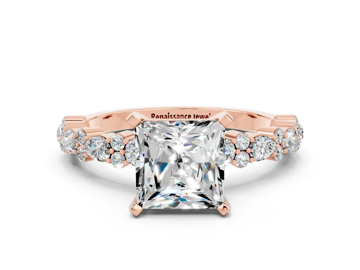 Princess Cut Moissanite Side Stone Solitaire Ring with Round and Four-Prong Setting Rose gold