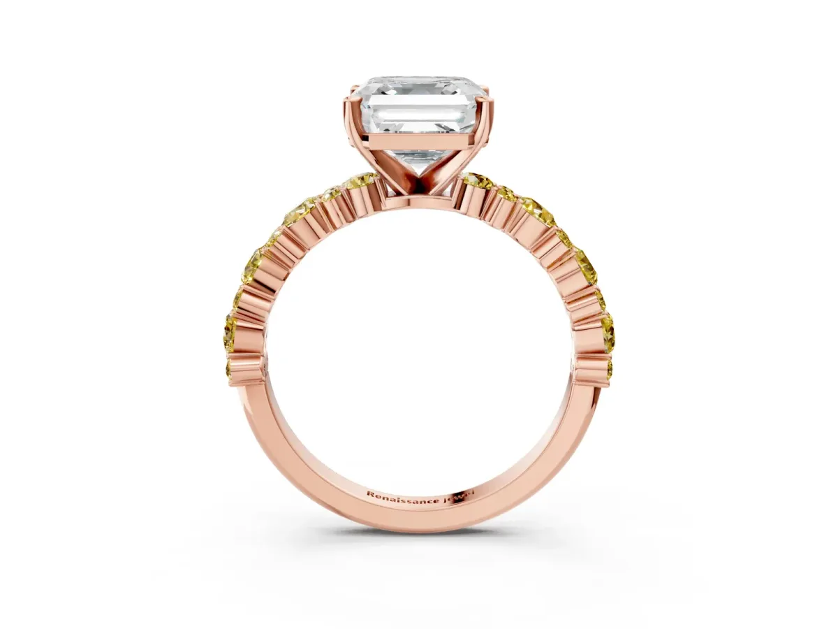 Asscher Cut Diamond Side Stone Solitaire Ring with Round Yellow Sapphire and Four-Prong Setting Rose gold
