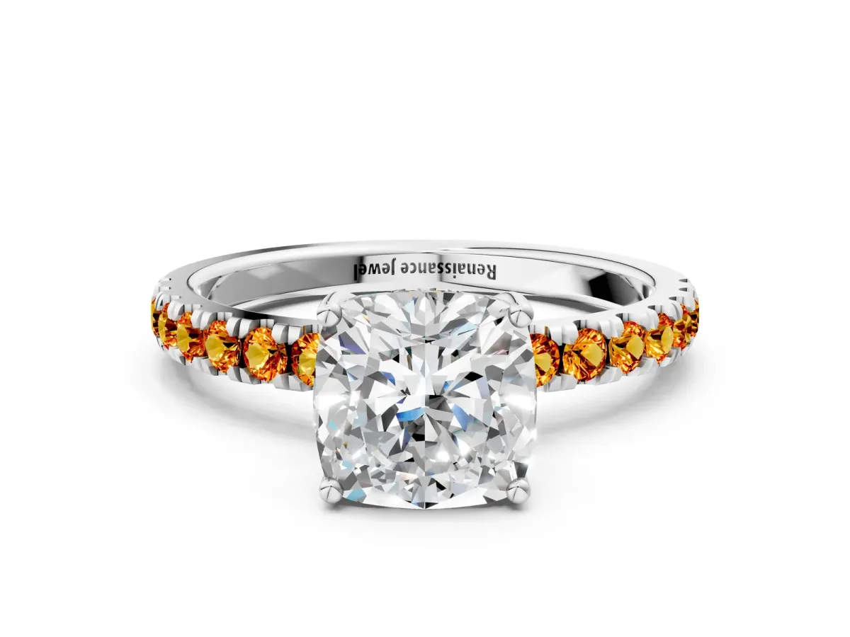 Cushion Cut Diamond Pave Band Solitaire Ring with Round Citrine and Prong Setting Platinum