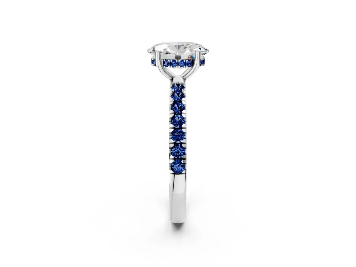 Oval Cut Diamond Pave Band Solitaire Ring with Round Blue Sapphire and Prong Setting Platinum