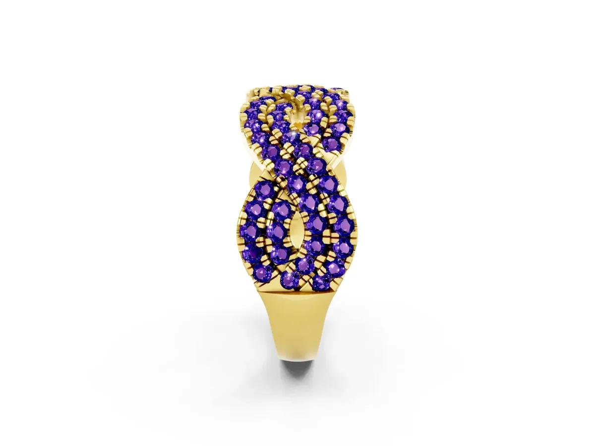 Pavé Round Tanzanite Infinity Twist Band with Shared Prong Setting Yellow gold