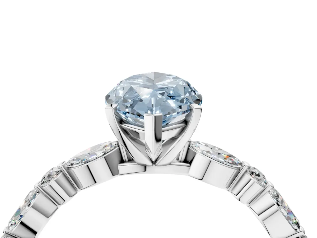 Fancy Blue Marquise Cut Diamond Ring with Marquise and Round Side Stones and Four-Prong Setting Silver