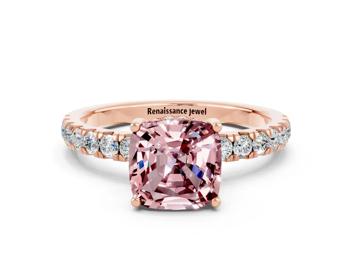 Cushion Cut Morganite Pave Band Solitaire Ring with Round and Prong Setting Rose gold