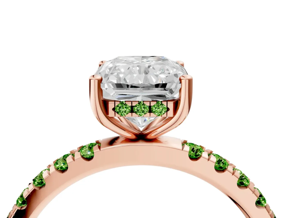 Radiant Cut Diamond Pave Band Solitaire Ring with Round Peridot and Prong Setting Rose gold